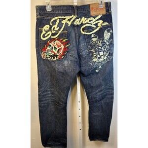 Ed Hardy By Christian Audiger Death Or Glory Embroidery Men Jeans 36 x 32 ?Vinta